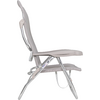 Side view of a gray folding chair with fabric seat