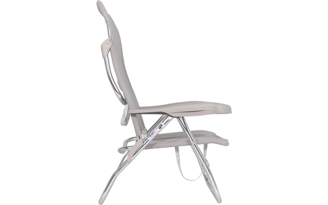 Side view of a gray folding chair with fabric seat
