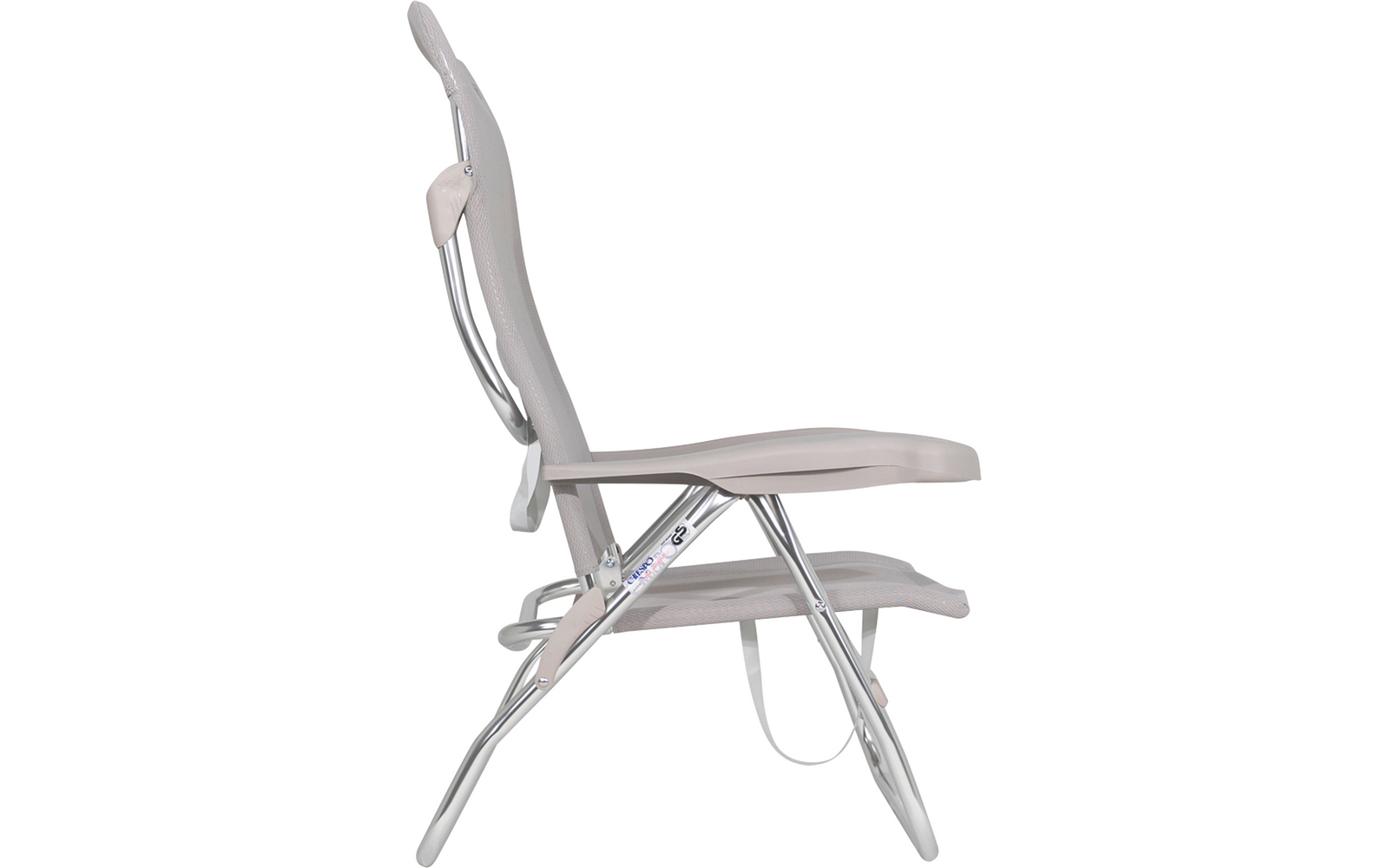 Side view of a gray folding chair with fabric seat
