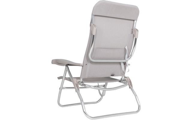 Gray folding lounge chair made of metal and fabric on white background