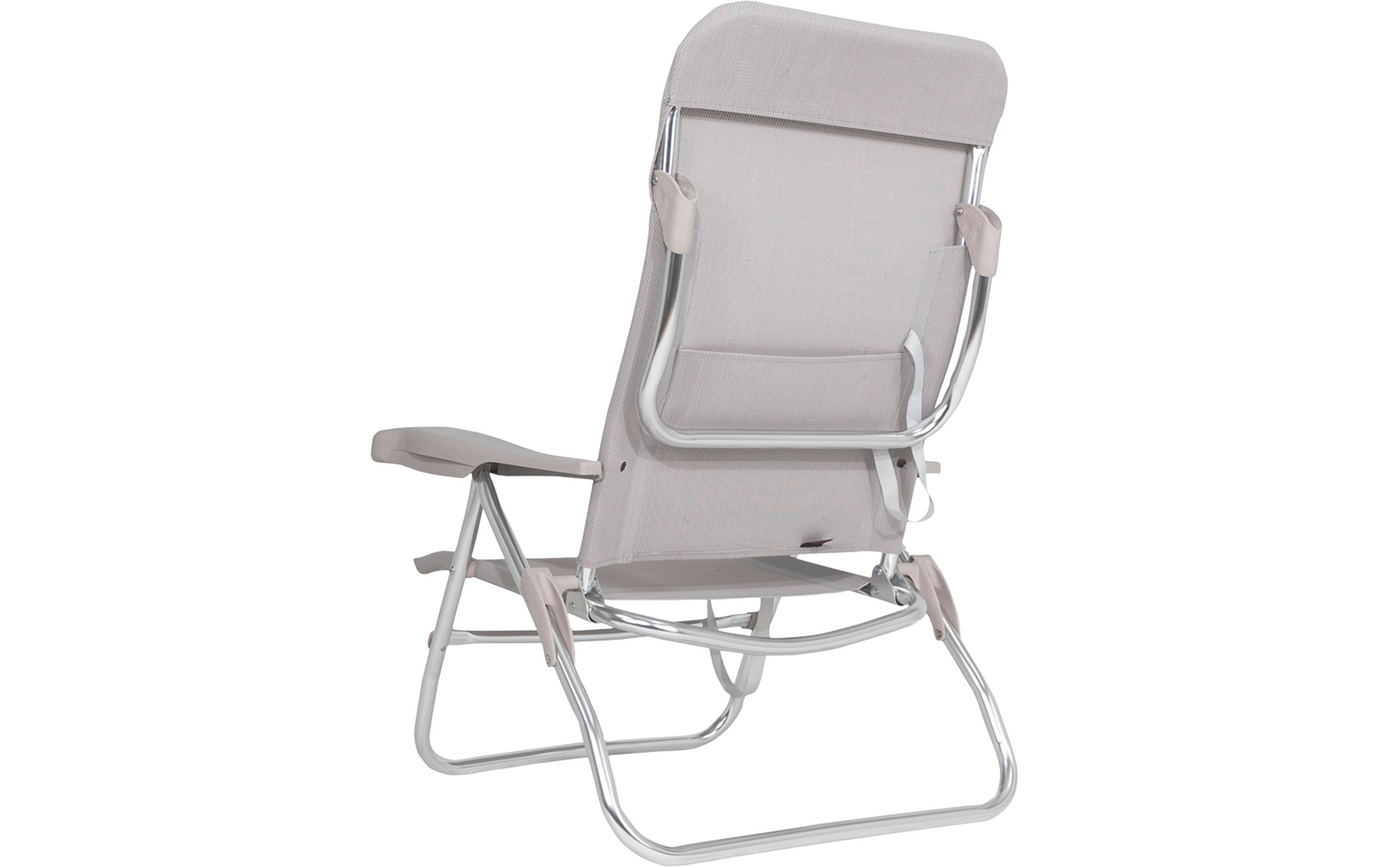 Gray folding lounge chair made of metal and fabric on white background