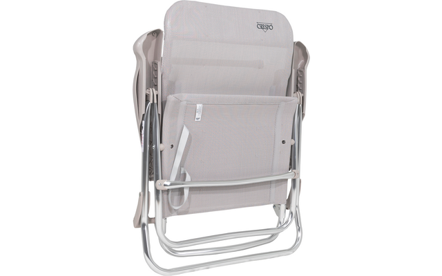 Folded gray camping chair with metal frame on white background
