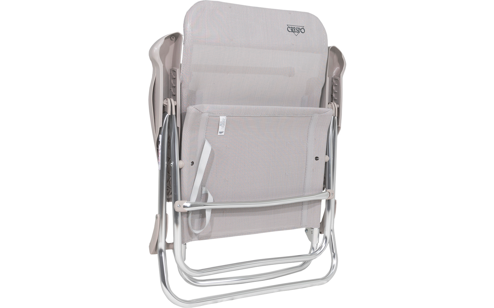 Folded gray camping chair with metal frame on white background