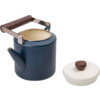 Dunkelblaue Teekanne mit seitlichem Ausguss, Holzgriff oben, weißer Deckel mit braunem Knopf neben der Kanne