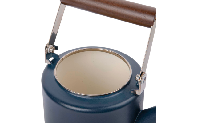 Dunkelblauer Metallbehälter mit rundem, offenem oberen Einlass, hellbeiger Innenfläche, verchromten Halterungen und Holzgriff