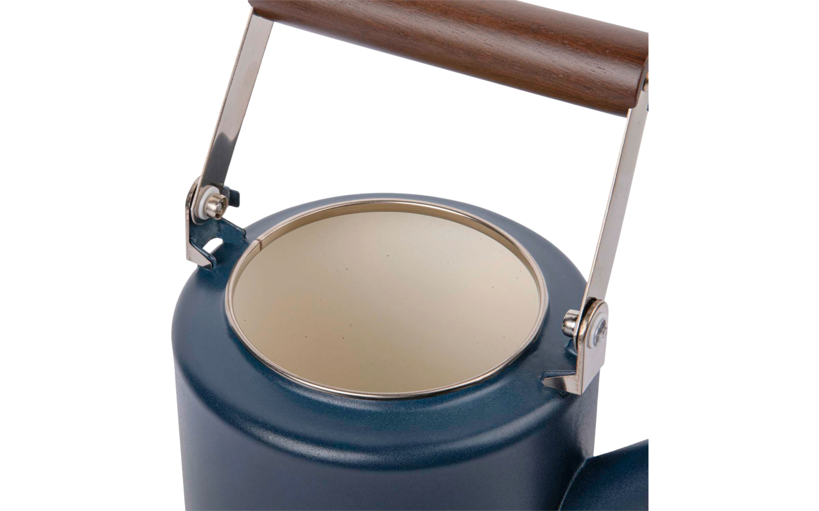 Dunkelblauer Metallbehälter mit rundem, offenem oberen Einlass, hellbeiger Innenfläche, verchromten Halterungen und Holzgriff