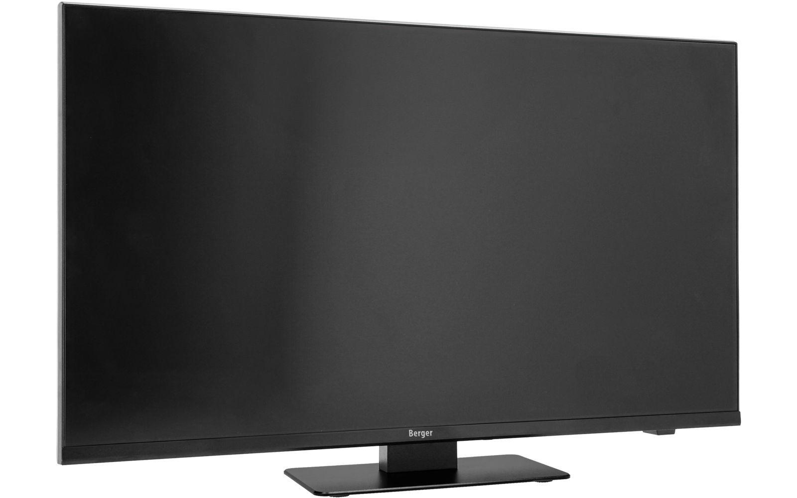 Téléviseur écran plat noir sur un pied rectangulaire sur fond blanc