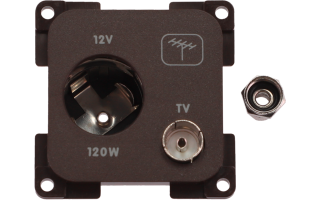 Braunes rechteckiges Anschlussfeld mit 12V-Steckdose beschriftet '12V 120W', TV-Koaxialbuchse beschriftet 'TV' und einer Metallmutter rechts