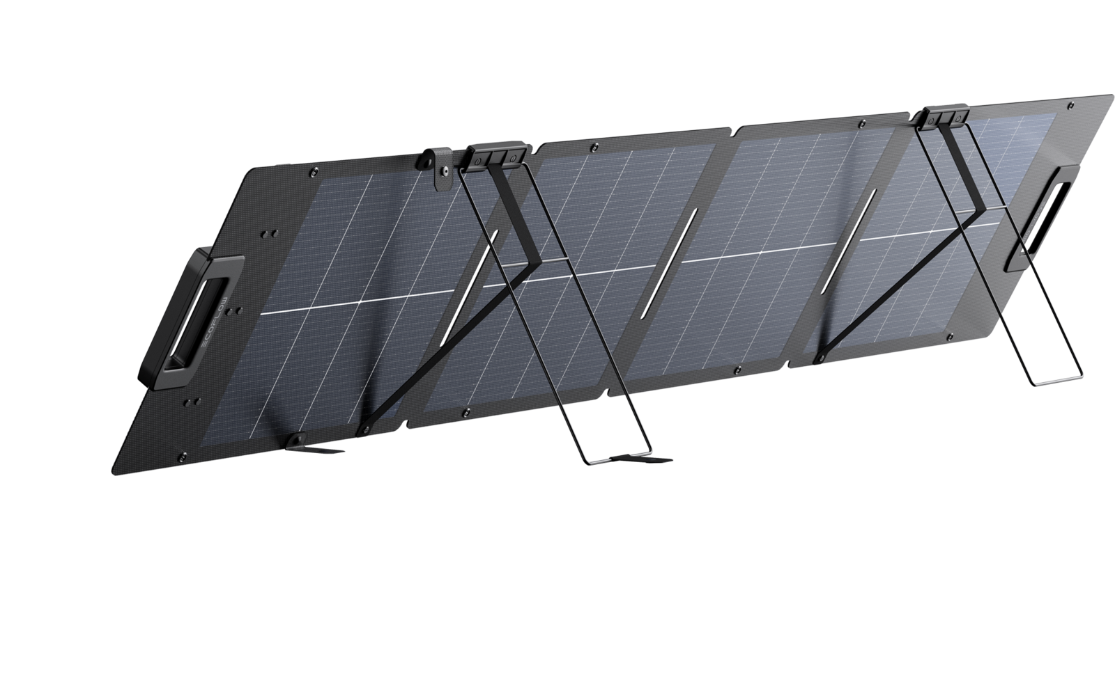 Drei nebeneinander aufgeklappte, faltbare Solarmodule auf Metallfüßen, sichtbare Solarzellen