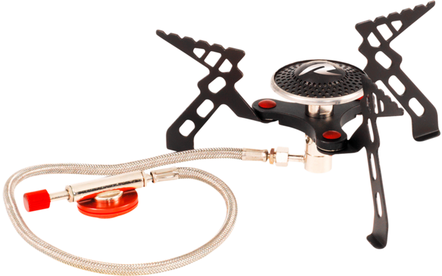 Draagbare campinggasbrander met ronde brander, drie metalen poten en gevlochten slang met rode connector