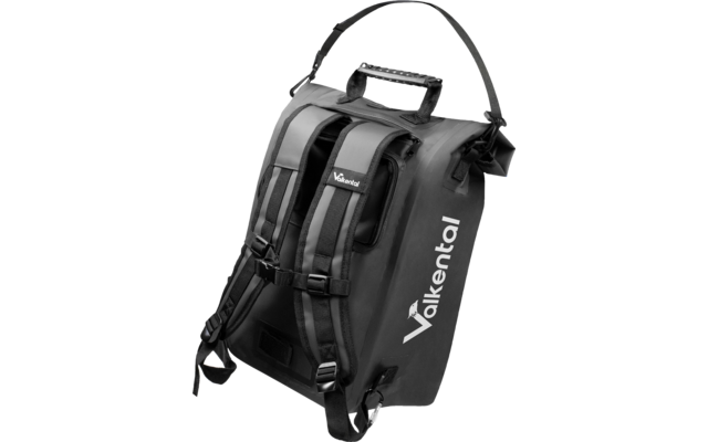 Schwarze wasserdichte Tasche mit Rucksackgurten, Tragegriff oben, sichtbaren Schnallen und Riemen vorn, Rollverschluss und weißem Schriftzug "Valkental" an der Seite