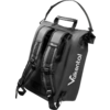 Schwarze wasserdichte Tasche mit Rucksackgurten, Tragegriff oben, sichtbaren Schnallen und Riemen vorn, Rollverschluss und weißem Schriftzug "Valkental" an der Seite