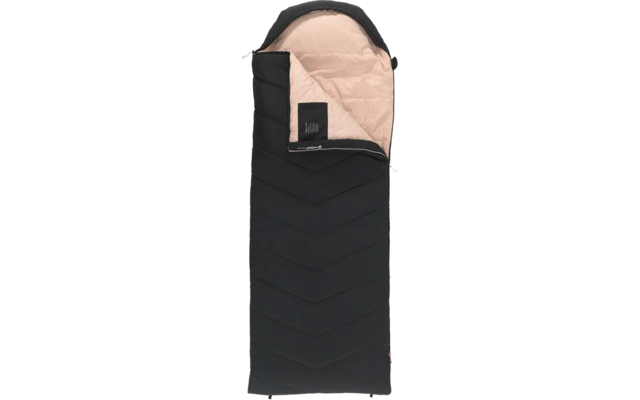 Zwarte slaapzak met lichtbeige binnenkant, gedeeltelijk geopend