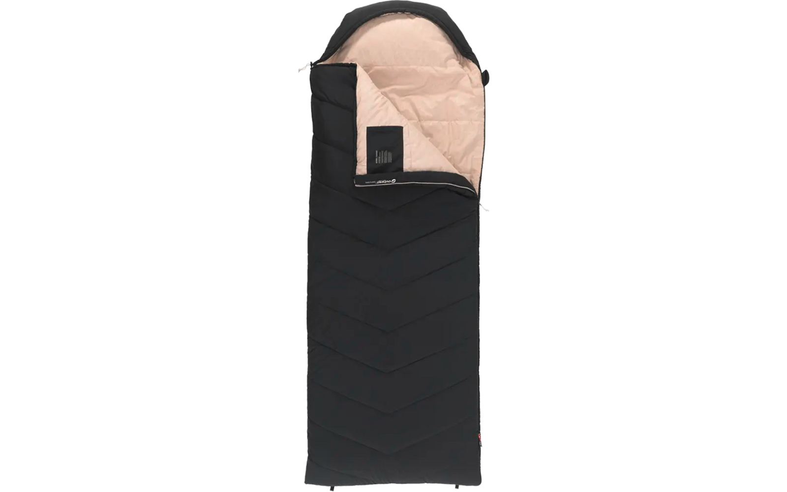 Zwarte slaapzak met lichtbeige binnenkant, gedeeltelijk geopend