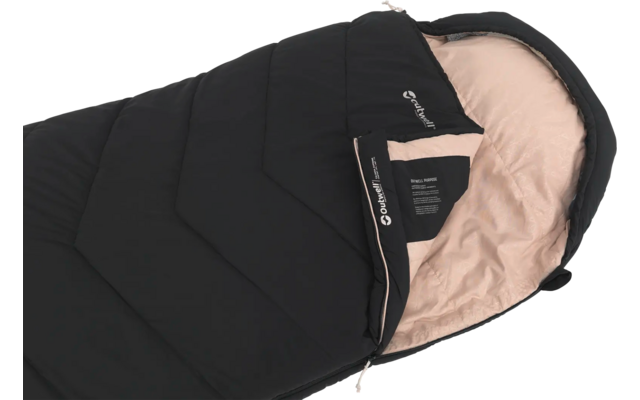 Zwarte slaapzak met beige binnenvoering en zichtbare rits