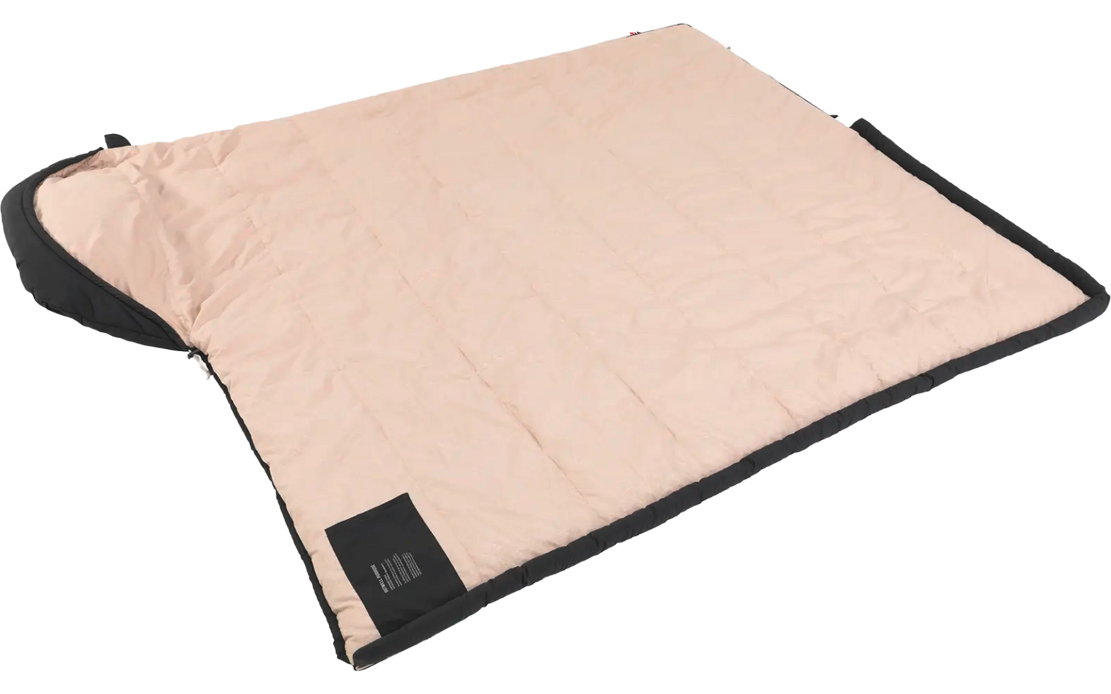 Rechthoekige beige deken met een zwarte rand en een klein zwart label in een hoek