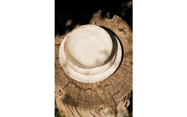 Gestapelte weiße Keramikschale und Teller auf einem Baumstumpf