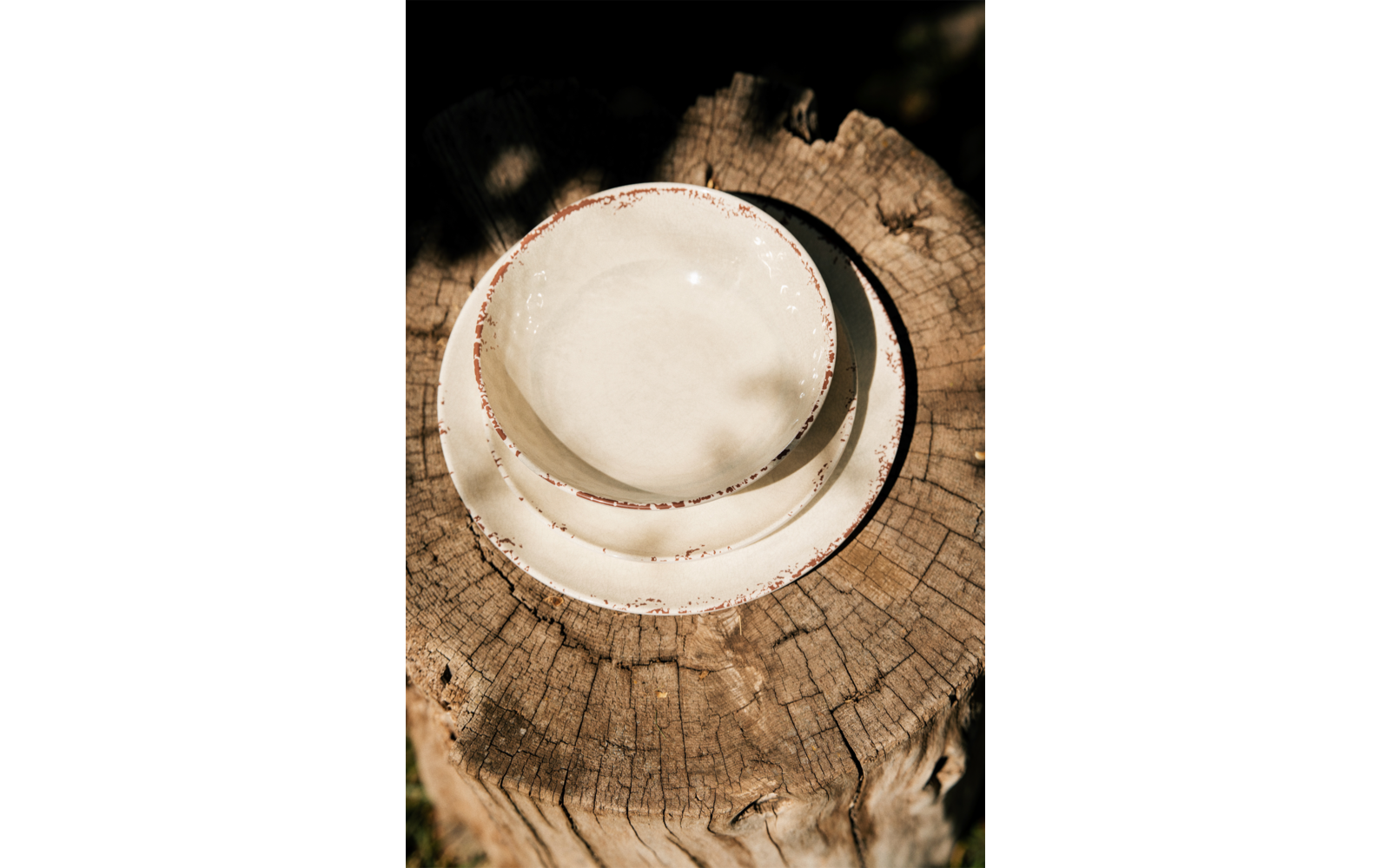Gestapelte weiße Keramikschale und Teller auf einem Baumstumpf