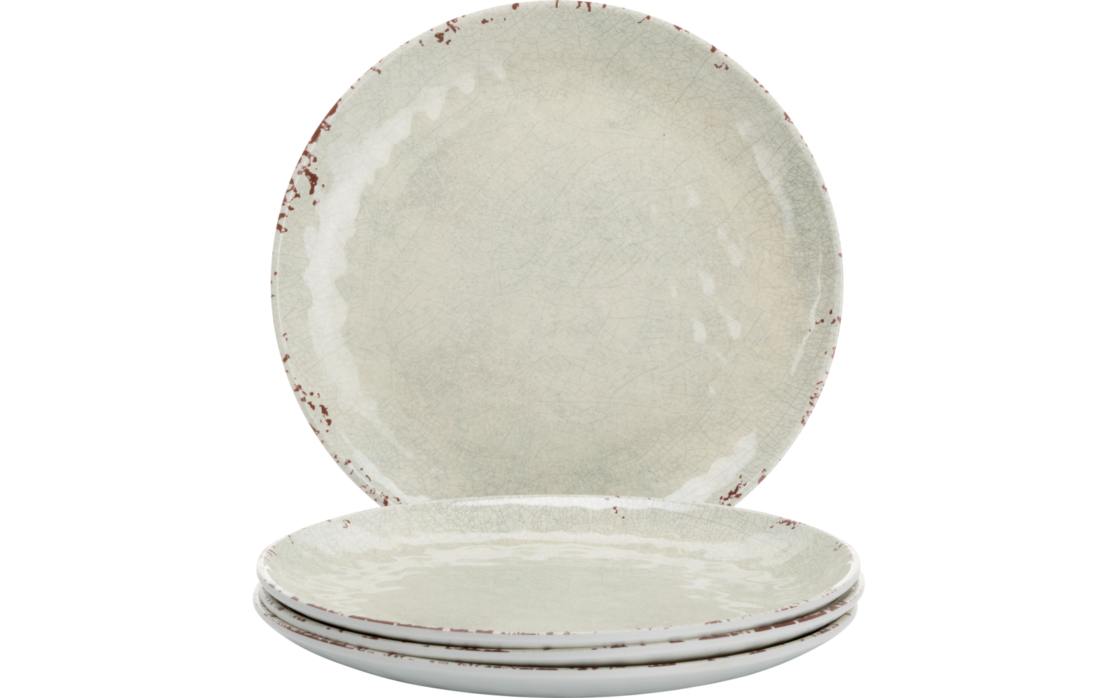 Three light gray ceramic plates, two stacked in front and one standing behind on a white reflective surface