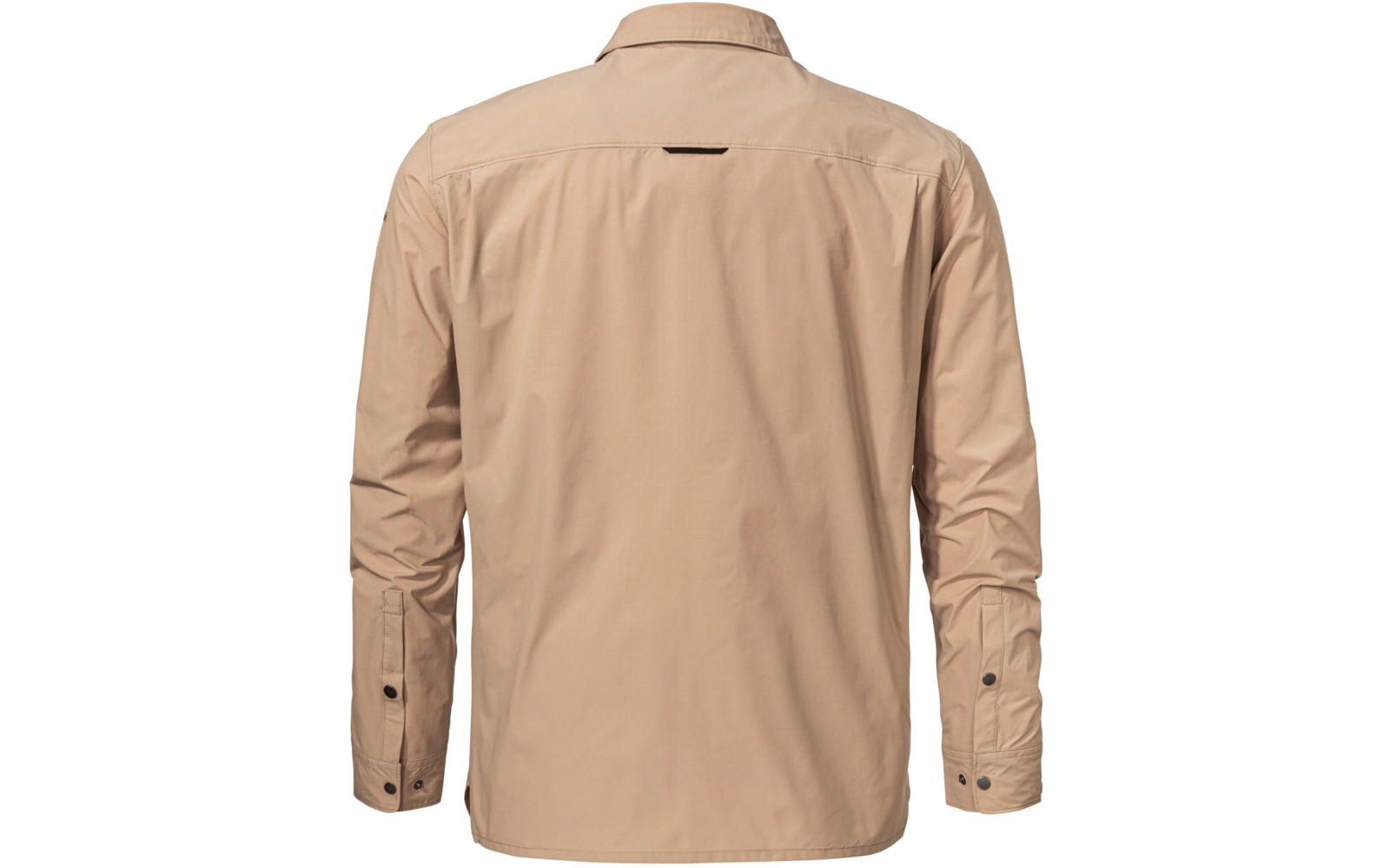 Rückansicht eines beigefarbenen Langarmhemds mit Kragen, zentraler Rückennaht, kleiner Belüftungsöffnung und geknöpften Manschetten