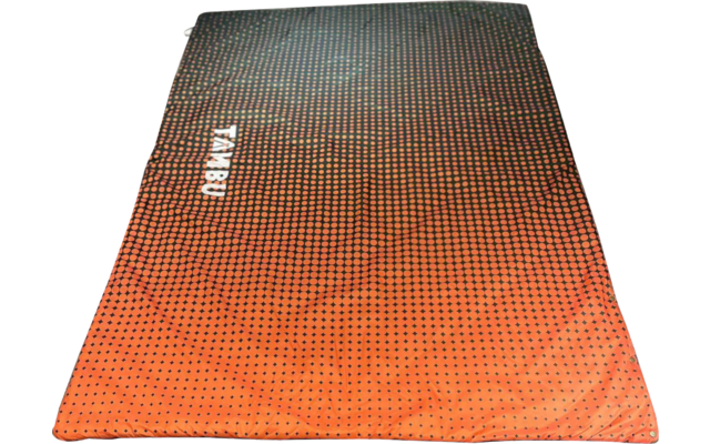 Rectangular orange sleeping mat with black dot pattern, darker gradient at the top, white lettering and a zipper at top left on a white background