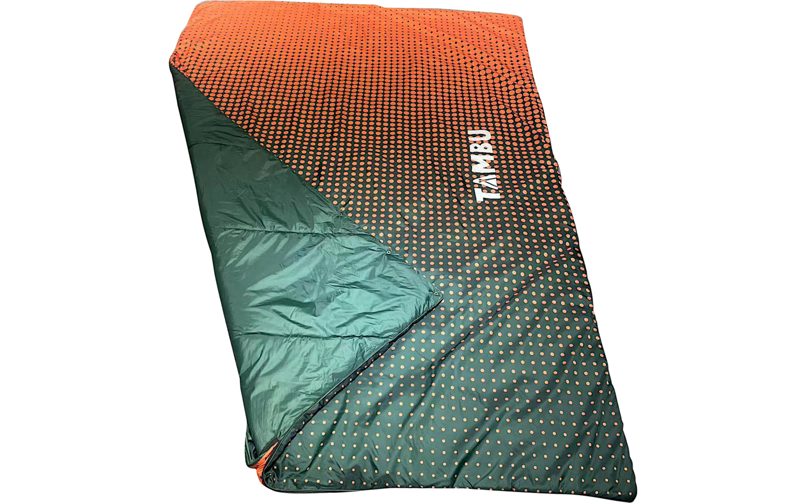 Laid-out rectangular sleeping bag with orange-to-green gradient, small gold dots and white vertical text 'TAMBU'