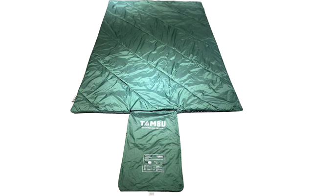 Green rectangular quilted textile lying flat; at the bottom a smaller rectangular pouch with white "TAMBU" text and white pictograms
