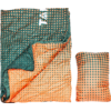 Open quilted rectangular textile in green with orange dots; inner side orange with a green repeating pattern; a folded matching textile beside it; white partial letters 'TA' visible