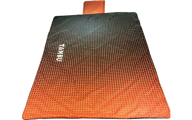 Rectangular orange and black padded mat with small attached headrest, dotted pattern and white lettering on the left