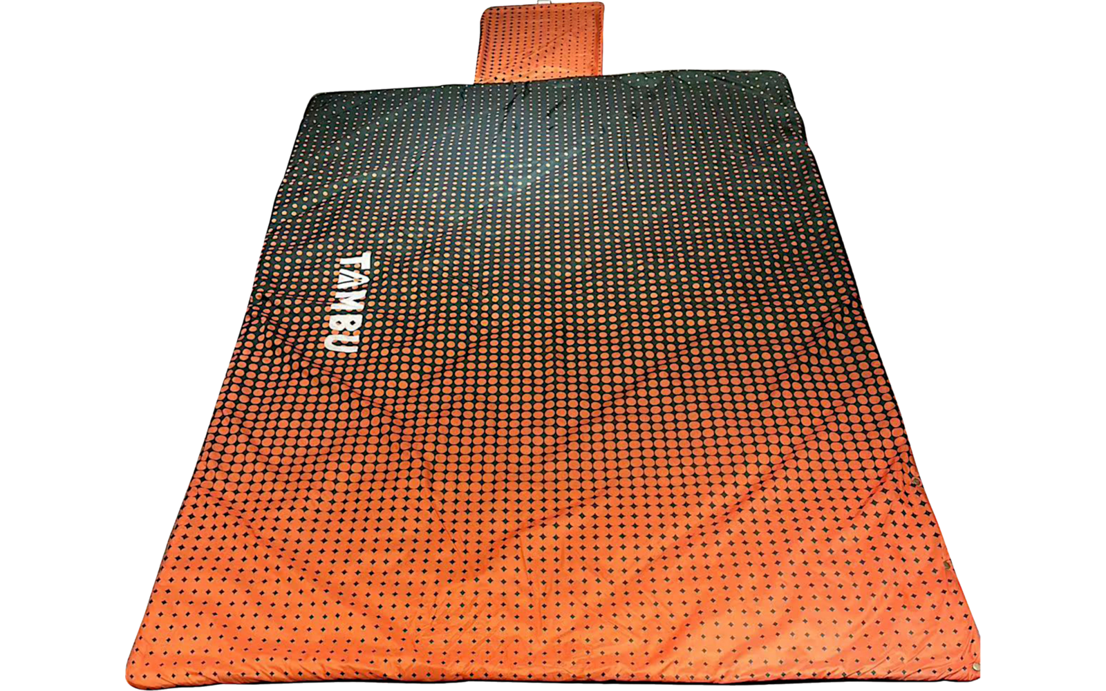 Rectangular orange and black padded mat with small attached headrest, dotted pattern and white lettering on the left