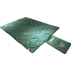 Unfolded rectangular green sleeping bag with a sewn-in pocket and white text print on a white background