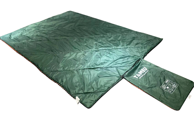 Unfolded rectangular green sleeping bag with a sewn-in pocket and white text print on a white background