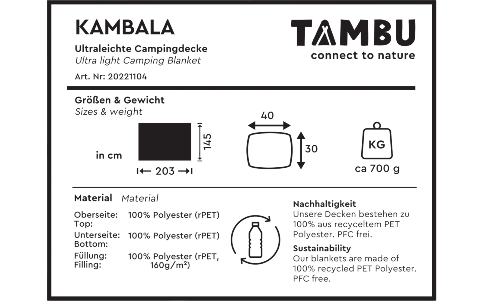 Product label: 'KAMBALA' 'Ultra light Camping Blanket' brand 'TAMBU', article number 20221104, size 203 x 145 cm, packed dimensions 40 x 30 cm, weight approx. 700 g, material top/bottom/filling 100% Polyester (rPET), filling 160 g/m², sustainability note 100% recycled PET Polyester, PFC free