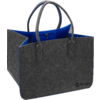 Graue Filz-Tasche mit blauem Innenfutter, zwei Henkeln, Reißverschlussfach innen und kleinem Logo unten rechts