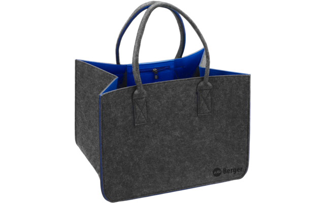 Graue Filz-Tasche mit blauem Innenfutter, zwei Henkeln, Reißverschlussfach innen und kleinem Logo unten rechts