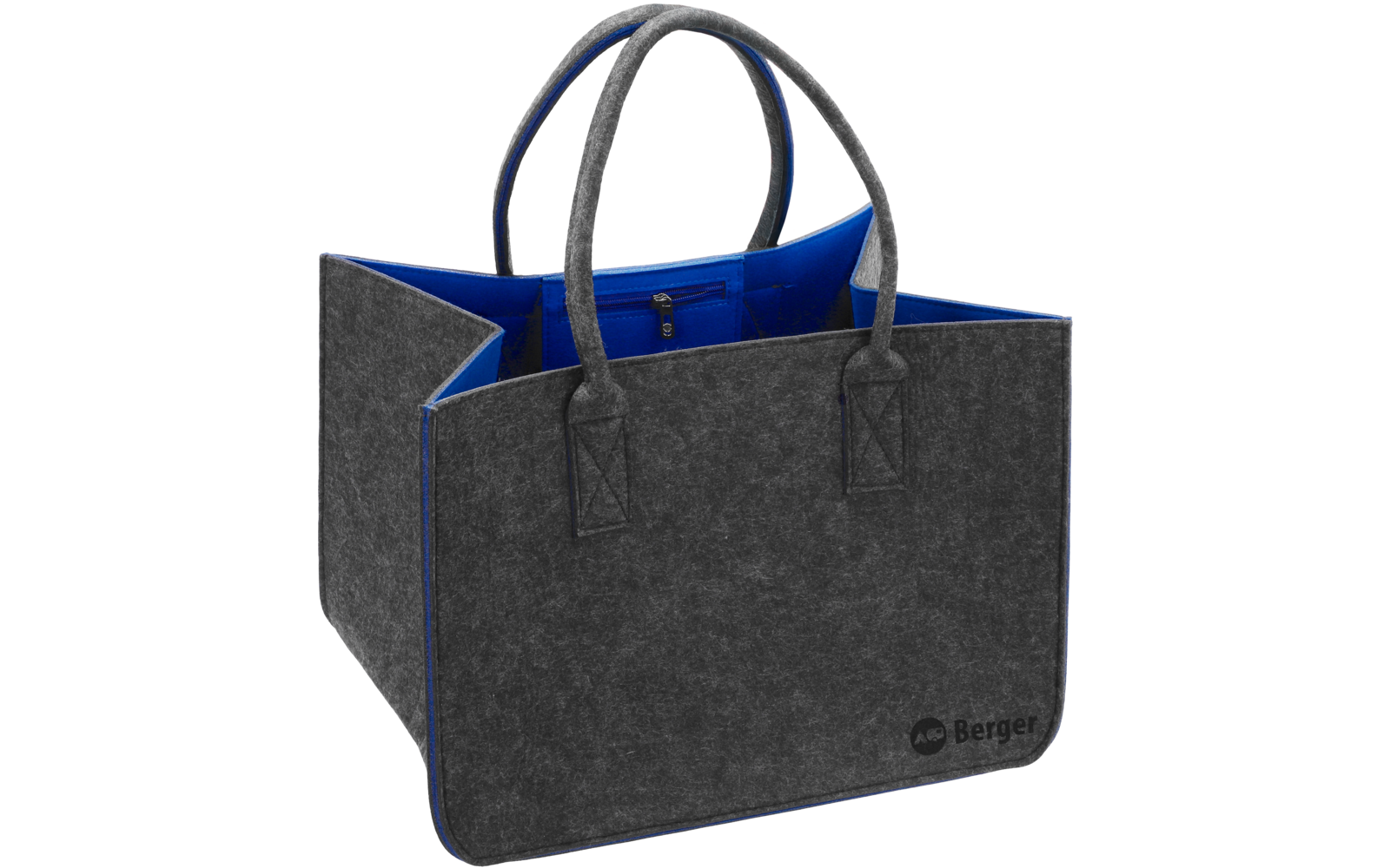 Graue Filz-Tasche mit blauem Innenfutter, zwei Henkeln, Reißverschlussfach innen und kleinem Logo unten rechts