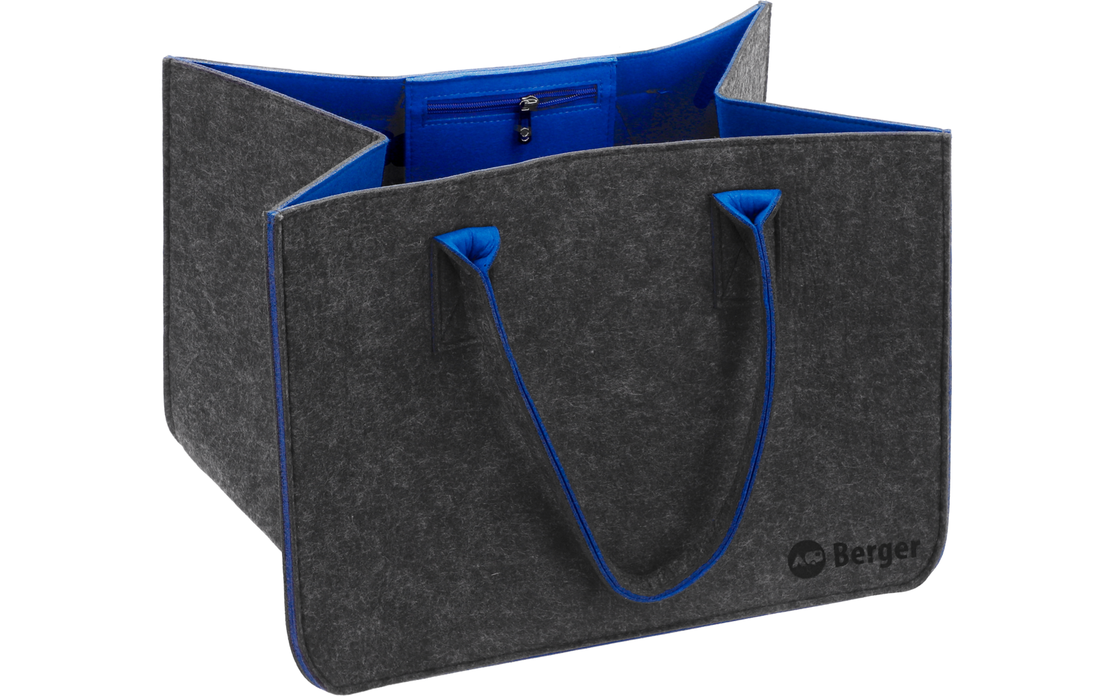 Graue Filz-Tragetasche mit blauem Innenfutter, blauen Tragegriffen, offener rechteckiger Oberseite, innenliegender Reißverschlusstasche und sichtbarem "Berger"-Logo