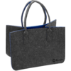 Dunkelgraue Filztasche mit zwei Schlaufenhenkeln, sichtbarer blauer Innenrand und kleines schwarzes Logo unten rechts