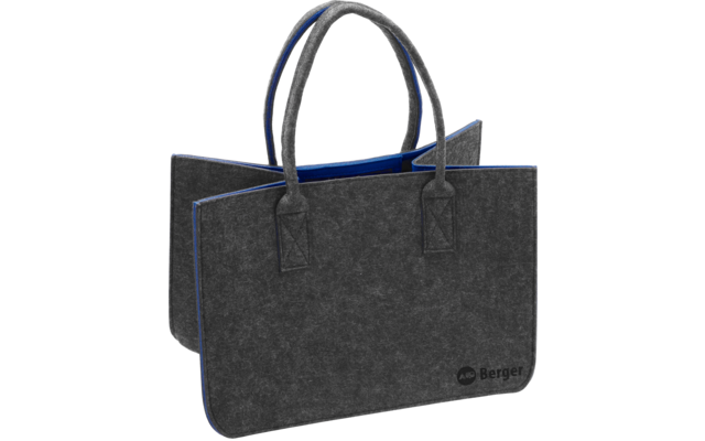 Dunkelgraue Filztasche mit zwei Schlaufenhenkeln, sichtbarer blauer Innenrand und kleines schwarzes Logo unten rechts