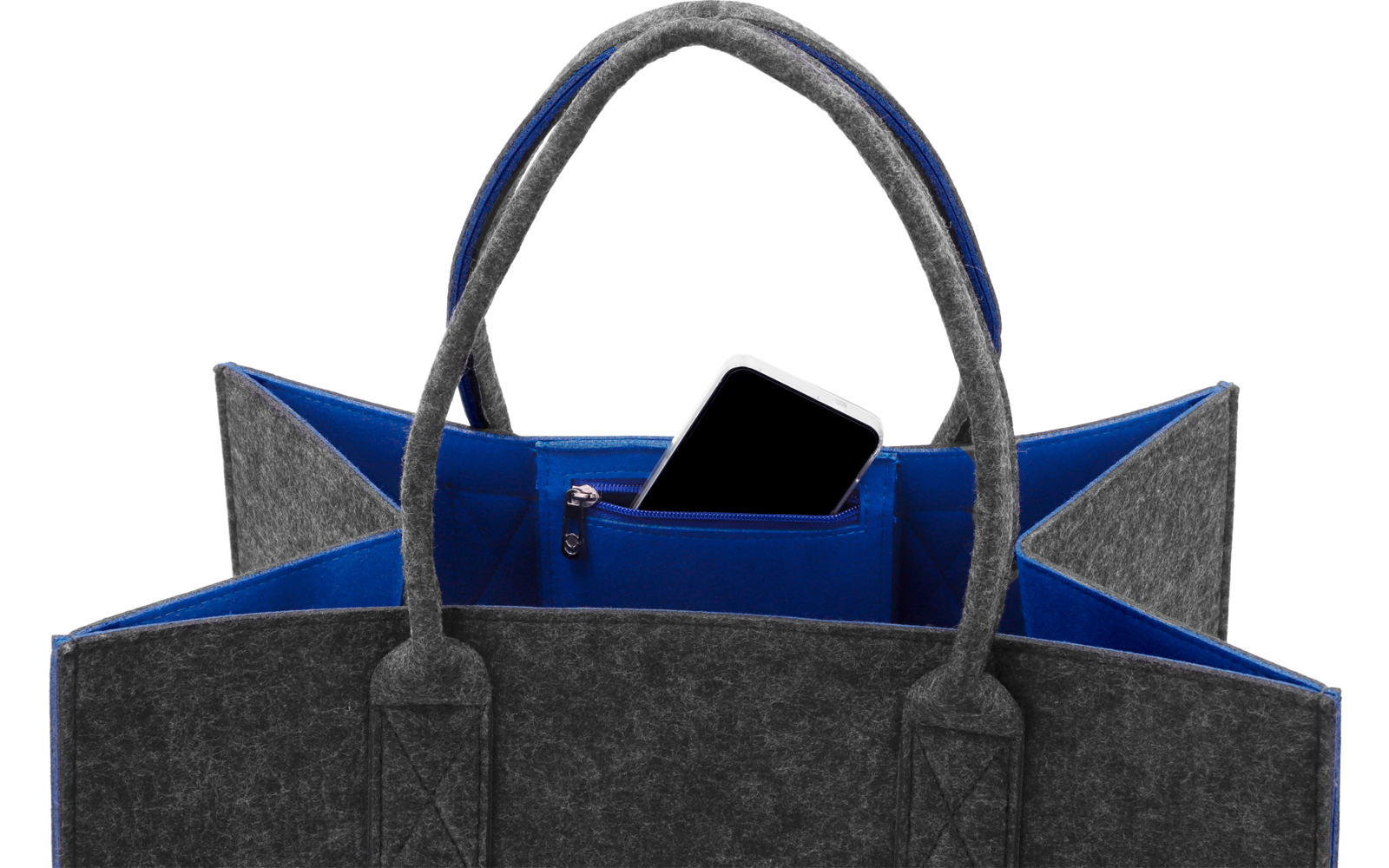 Graue Filztasche mit blauem Innenfutter, obere Ansicht, zwei Tragegriffe, schwarzes Smartphone in Innentasche sichtbar