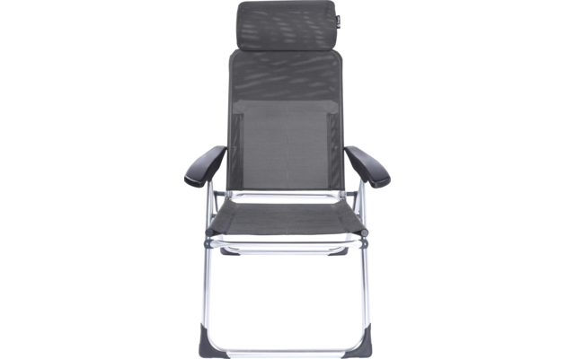 Black mesh chair with headrest, armrests and chrome frame on white background