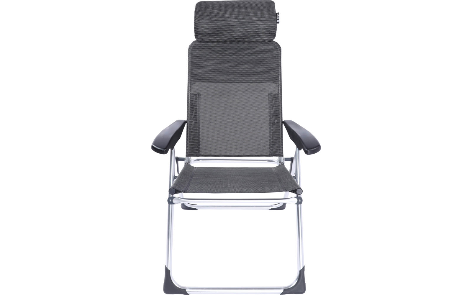 Black mesh chair with headrest, armrests and chrome frame on white background