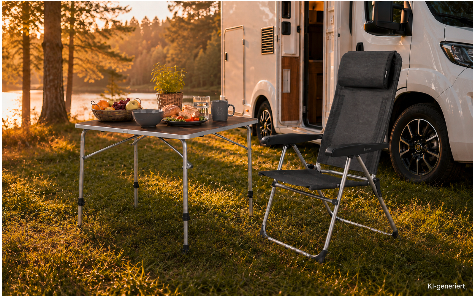Weißer Camper mit geöffneter Tür auf einer Wiese am See; Klapptisch mit Schalen, Karaffe und Tassen; schwarzer Campingstuhl; Bäume und Wasser im Hintergrund