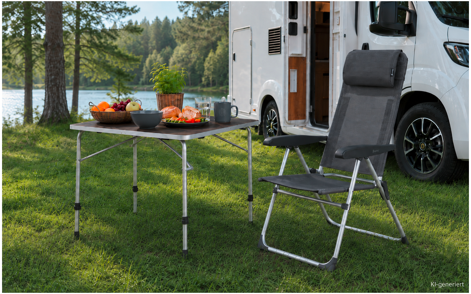 Camper geparkeerd bij een meer, daarvoor een inklapbare tafel met kommen met fruit en brood, naast de tafel een opvouwbare campingstoel, gras en bomen op de achtergrond