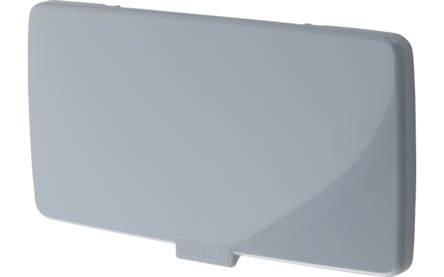 Couvercle rectangulaire aux bords arrondis en plastique gris clair avec une petite languette rectangulaire en bas et inscription embossée "REICH"