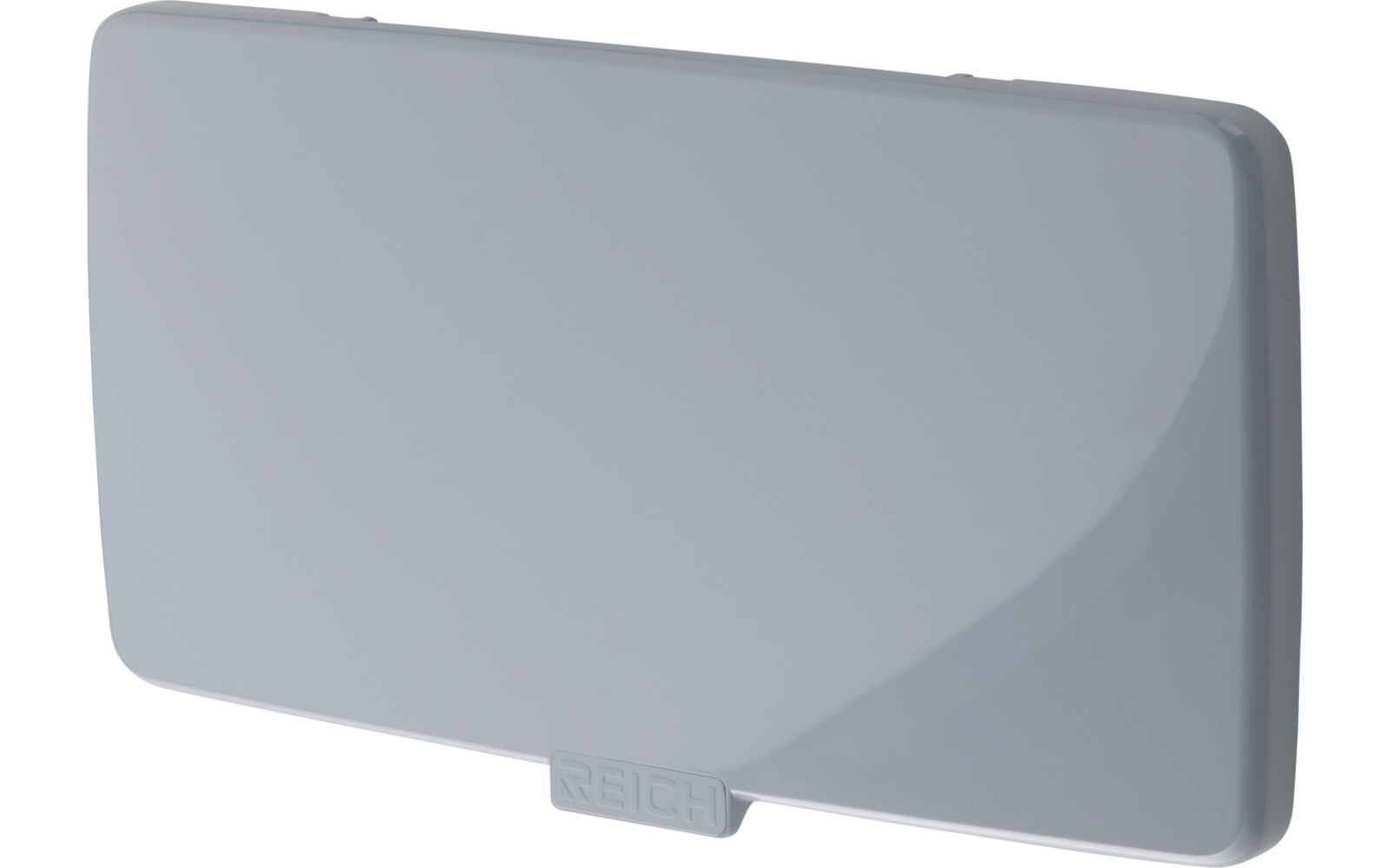 Couvercle rectangulaire aux bords arrondis en plastique gris clair avec une petite languette rectangulaire en bas et inscription embossée "REICH"