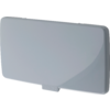 Couvercle rectangulaire en plastique gris clair, angles arrondis, petite languette en bas avec inscription en relief REICH