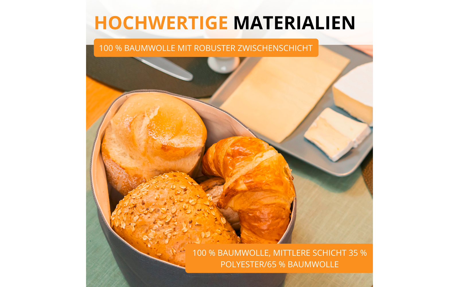 Récipient rond contenant trois viennoiseries (petit pain clair, croissant, petit pain aux graines) sur une table ; assiette avec morceaux de fromage et de beurre en arrière-plan ; bandes de texte orange avec écriture