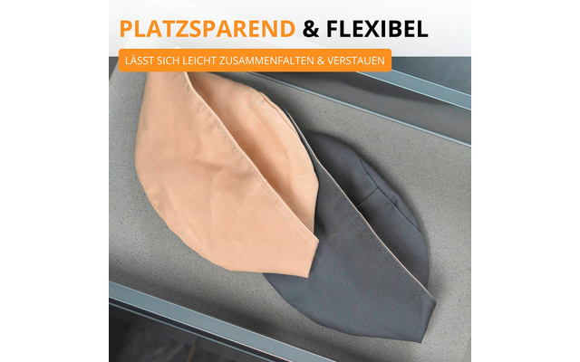 Deux pièces de tissu pliées (orange clair et gris foncé) sur une surface grise à côté de rails bleus ; en haut à gauche le texte 'PLATZSPAREND & FLEXIBEL' et une bande orange avec 'LÄSST SICH LEICHT ZUSAMMENFALTEN & VERSTAUEN'