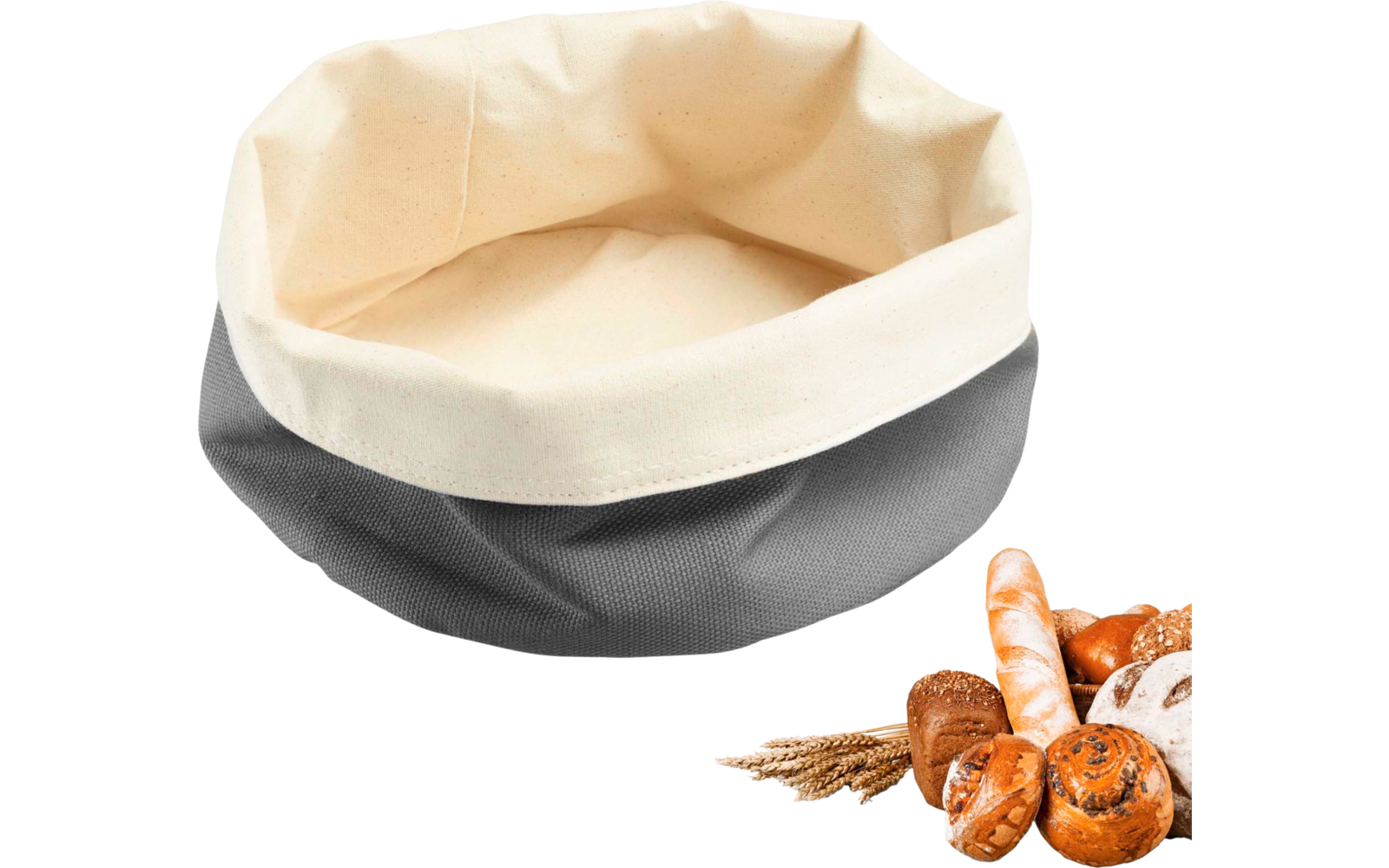 Panier en tissu rond plié, intérieur clair et extérieur gris, à côté plusieurs pains, petits pains et épis de blé